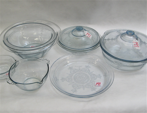 Appraisal: FIRE KING GLASS OVENWARE pieces pale transparent blue most with