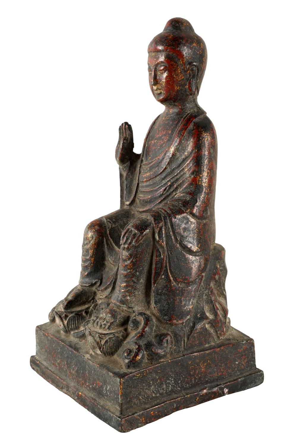 Appraisal: CHINESE POLYCHROMED BRONZE BUDDHACondition wear to polychrome throughout inches wide