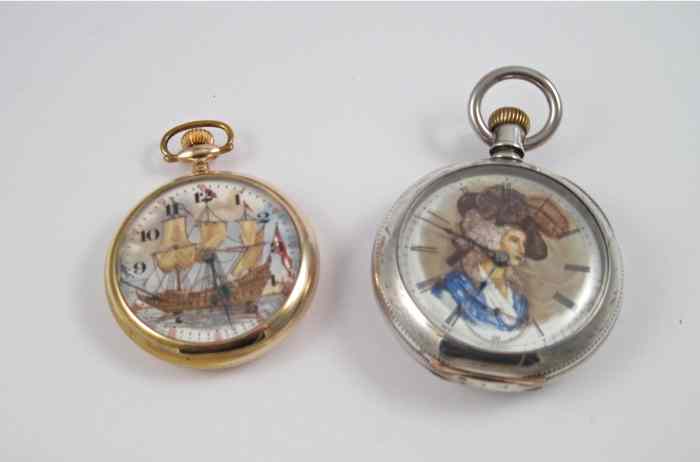 Appraisal: TWO ELGIN PICTORIAL FACE POCKET WATCHES A model size jewels