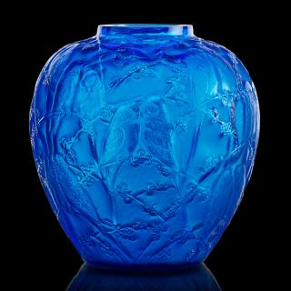 Appraisal: LALIQUE Perruches vase electric blue glass LALIQUE Perruches vase France