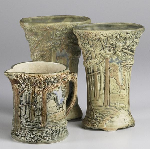 Appraisal: WELLER FOREST Two trumpet-shaped vases and a pitcher Hairline to