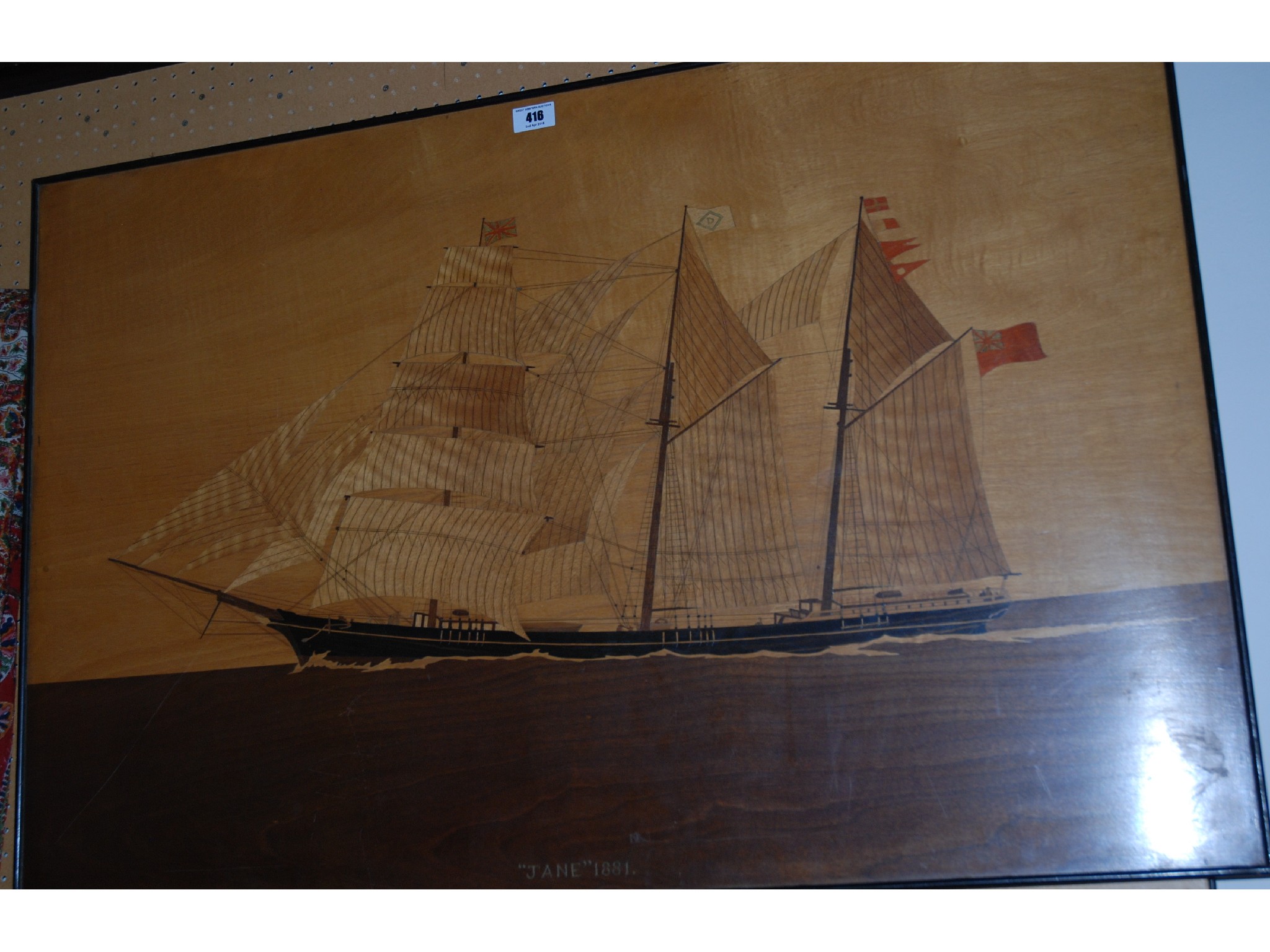 Appraisal: A marquetry picture of the three masted ship Jane dated