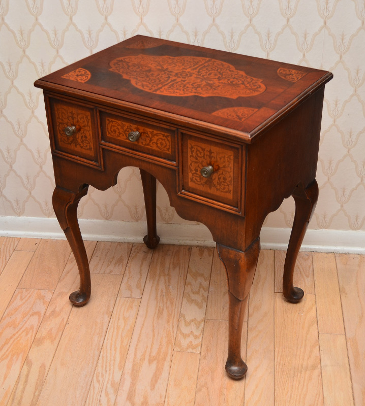 Appraisal: DRAWER INLAID STAND Profusely inlaid with foliate scroll motifs on