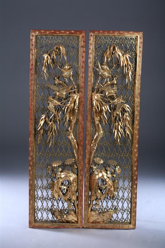 Appraisal: PAIR CHINESE RED AND GILT LACQUERED WOOD PANELS Each carved