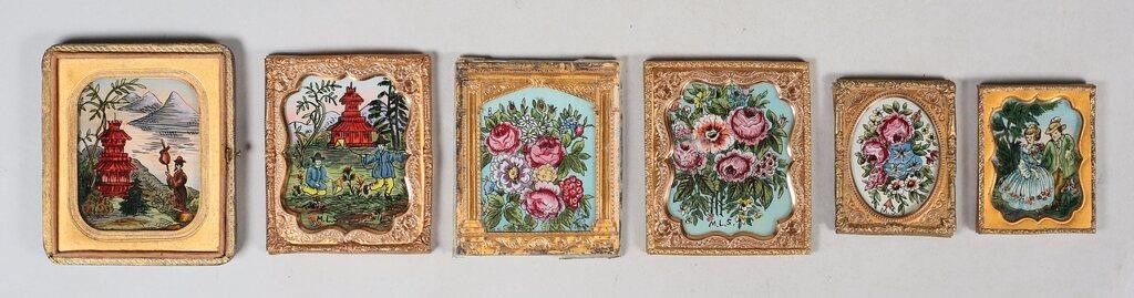 Appraisal: reverse painted miniatures on glass flowers couple dancing scenes of