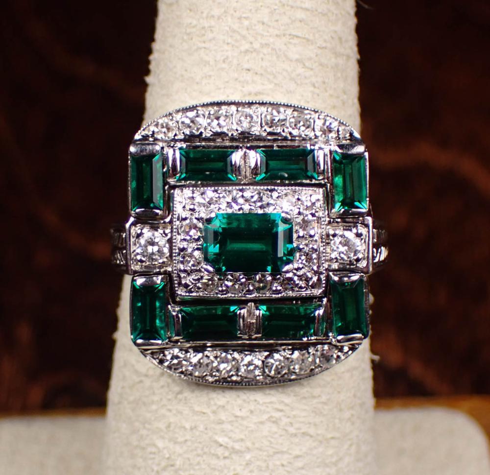 Appraisal: ART DECO DIAMOND AND LAB CREATED EMERALD RING The k