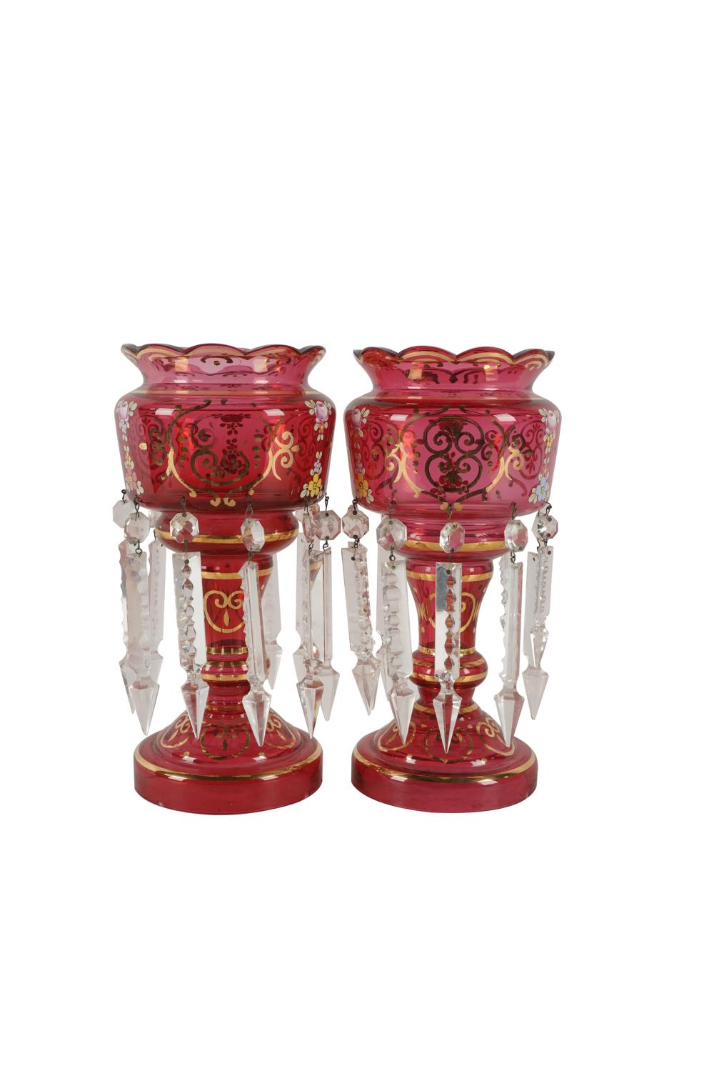 Appraisal: PAIR OF CRANBERRY GLASS GIRANDOLESeach with painted and gilt decoration