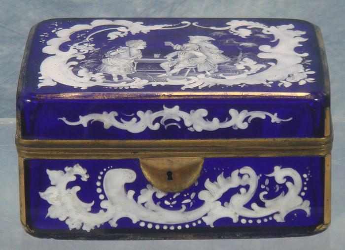 Appraisal: Cobalt dresser box with enameled decoration tavern scene brass rim