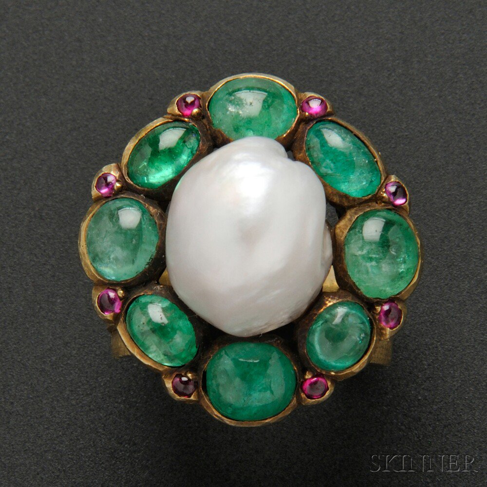 Appraisal: Rare Gold Baroque Pearl Emerald and Pink Sapphire Ring Marie