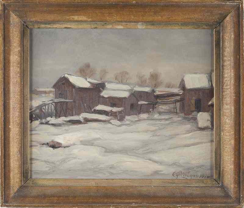 Appraisal: Erik Lindgren Am mid th c Barns in Snowoil on