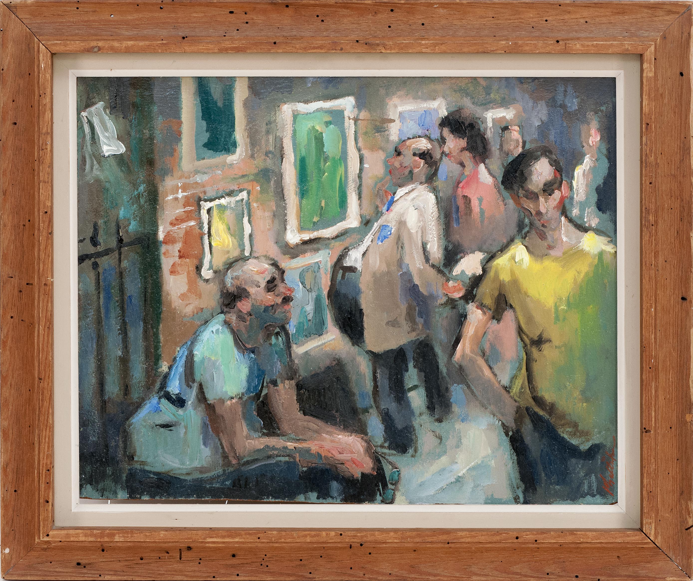 Appraisal: FRAMED PAINTING OF FIGURES ADMIRING ART IN A GALLERY Signed