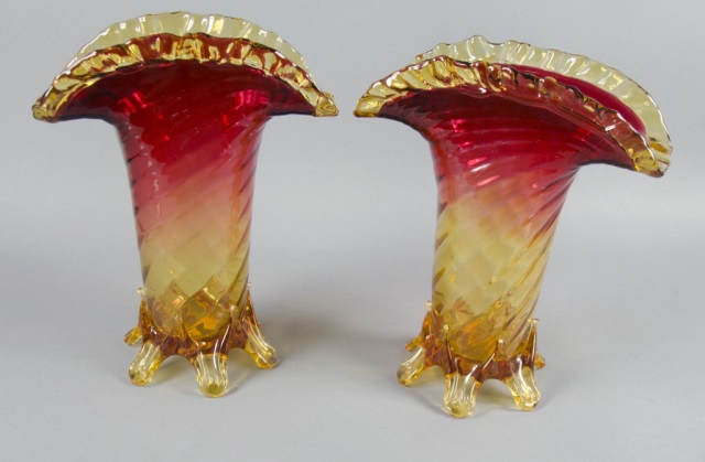 Appraisal: Pair of Amberina Mantle VasesInternally ribbed and swirled bodies Fan