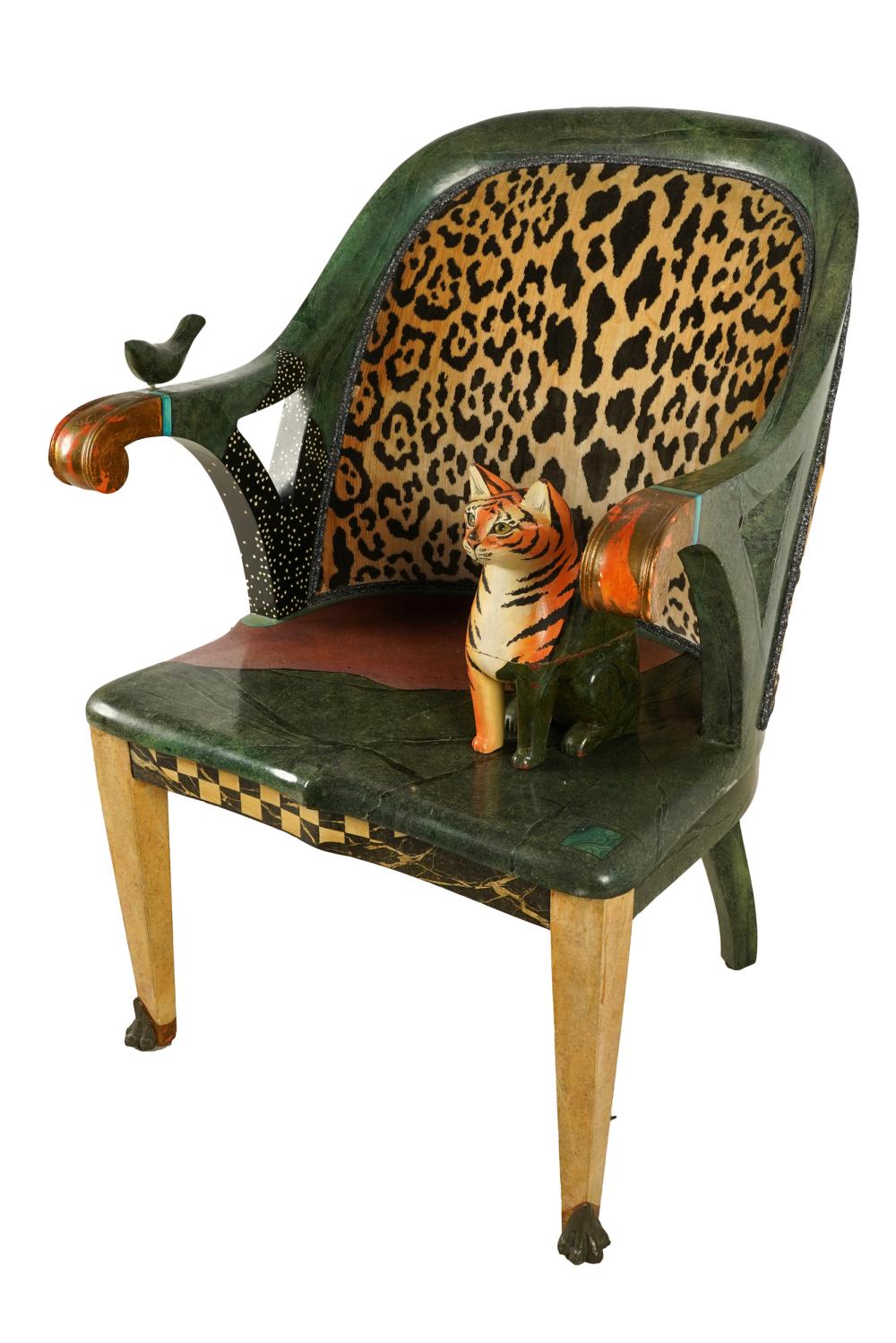 Appraisal: PAINTED WOOD CHAIR CAT SCULPTUREunsigned with bird attached to arm