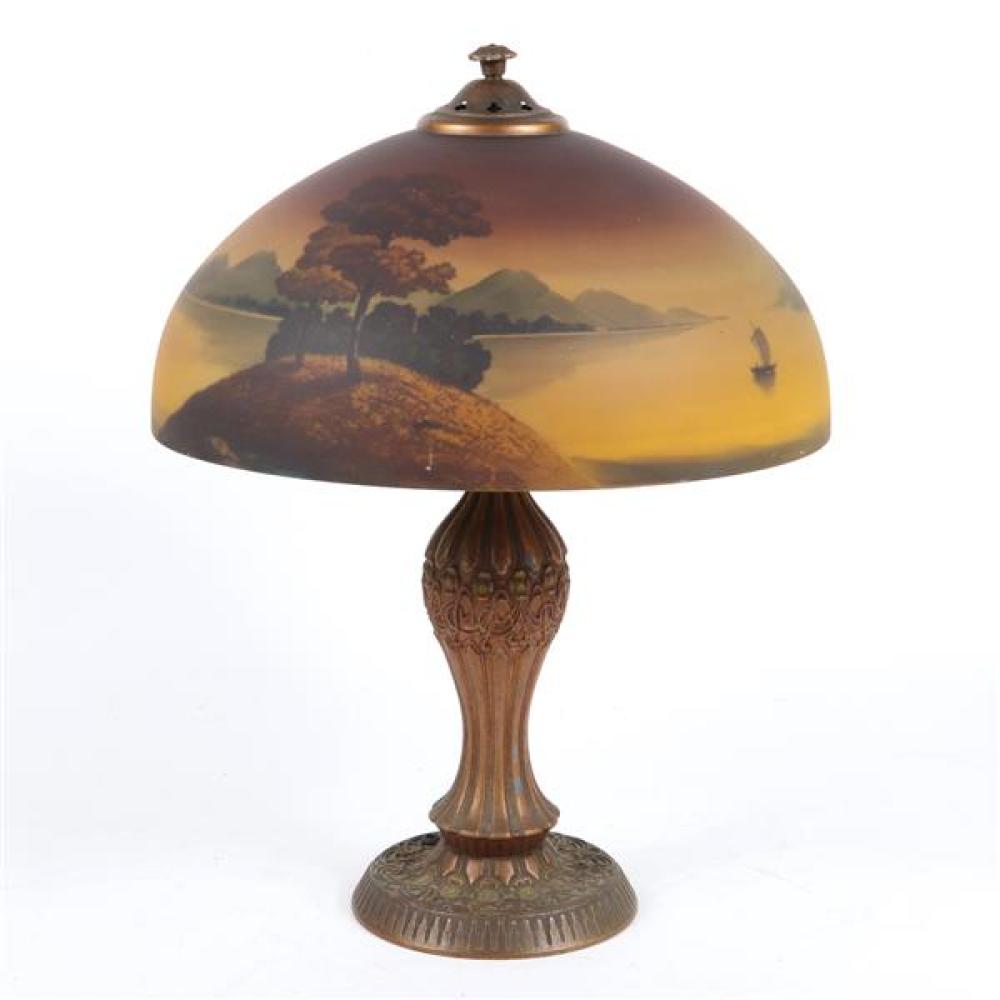 Appraisal: ANTIQUE REVERSE PAINTED LAMP WITH SCENIC GLASS SHADE DEPICTING A