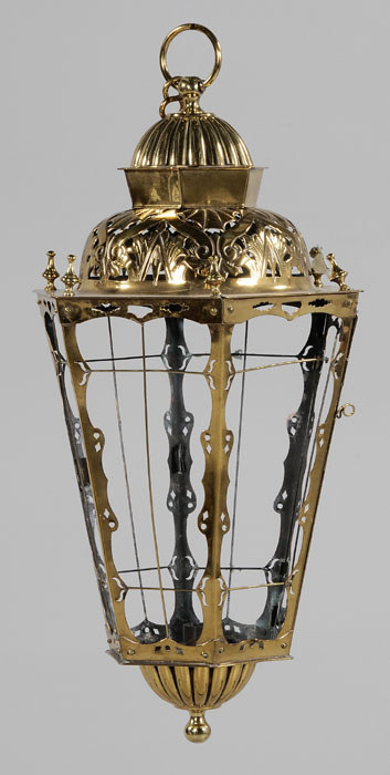 Appraisal: Openwork Brass Lantern American or Continental th century six tapered