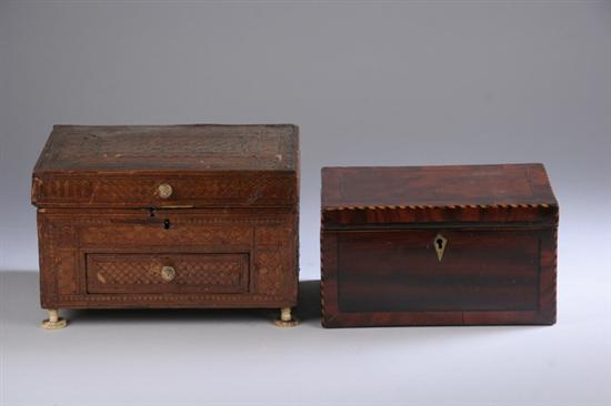 Appraisal: VICTORIAN MAHOGANY TEA CADDY AND FRENCH COLONIAL PARQUETRY JEWEL BOX