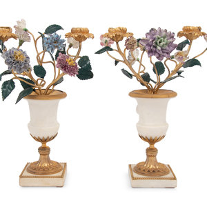 Appraisal: A Pair of French Gilt Bronze Marble and Porcelain Two-Light