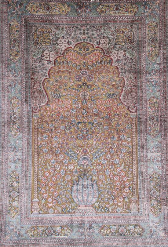 Appraisal: SILK PERSIAN QUM With gold thread decoration - ft x