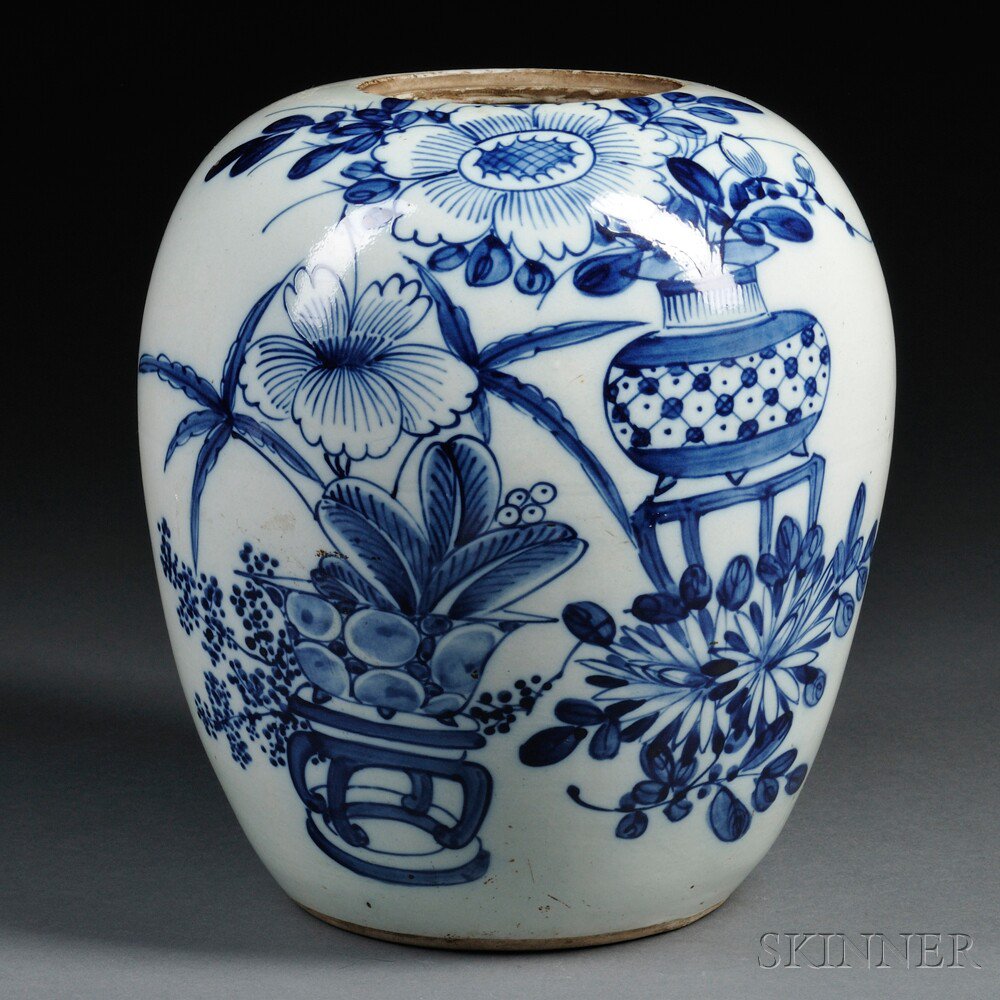 Appraisal: Three Items China a blue and white jar depicting flowers