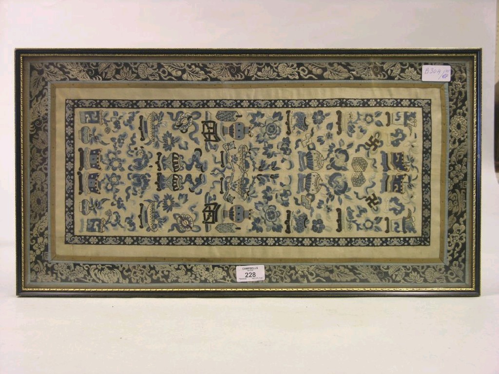 Appraisal: A Chinese silk picture woven with domestic emblems in blue