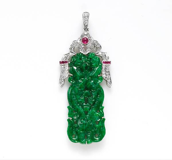 Appraisal: A jadeite jade diamond and ruby pendant depicting a double