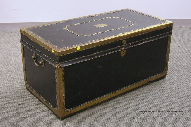 Appraisal: Chinese Export Brass-mounted Black Leather-clad Camphorwood Trunk the lid with