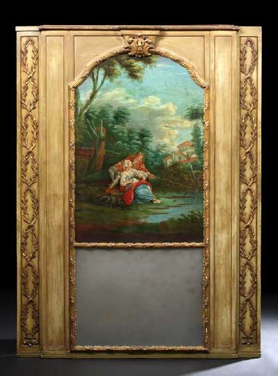 Appraisal: Large French Carved Gris-de-Trianon-Painted and Parcel-Gilt Trumeau Mirror in the