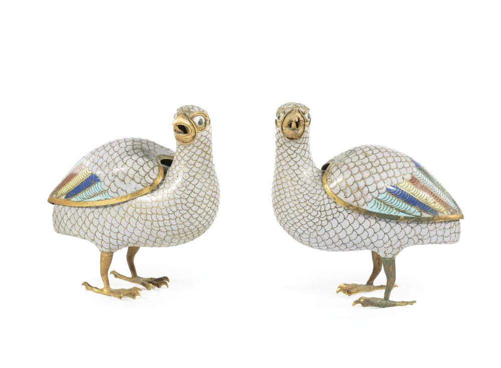 Appraisal: Pair of Chinese Cloisonne Enamel Partridge-Form Covered Censers th th