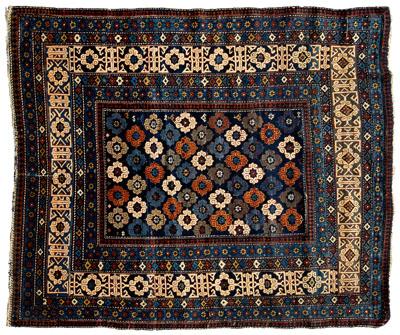 Appraisal: Caucasian rug rectangular central field with rows of multi-colored cartouches