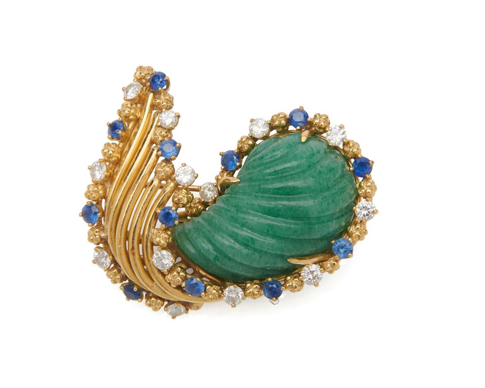 Appraisal: TIFFANY CO K Gold Aventurine Quartz Sapphire and Diamond Brooch