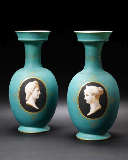 Appraisal: Large Pair of French Matte Blue-Green-Ground Porcelain Portrait Garniture Vases