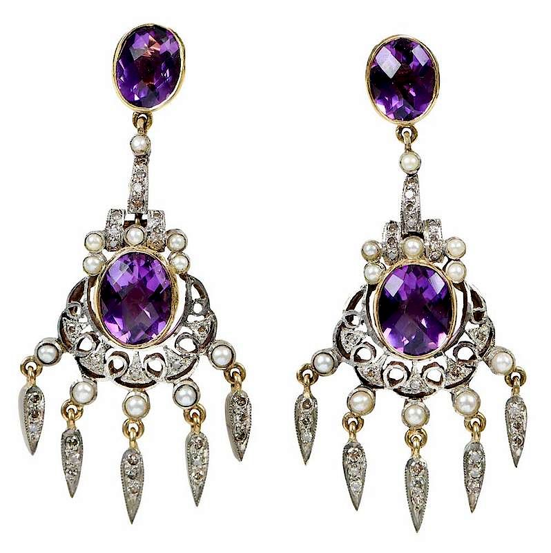 Appraisal: Silver Gold Amethyst Diamond Pearl Earrings antique style each earring