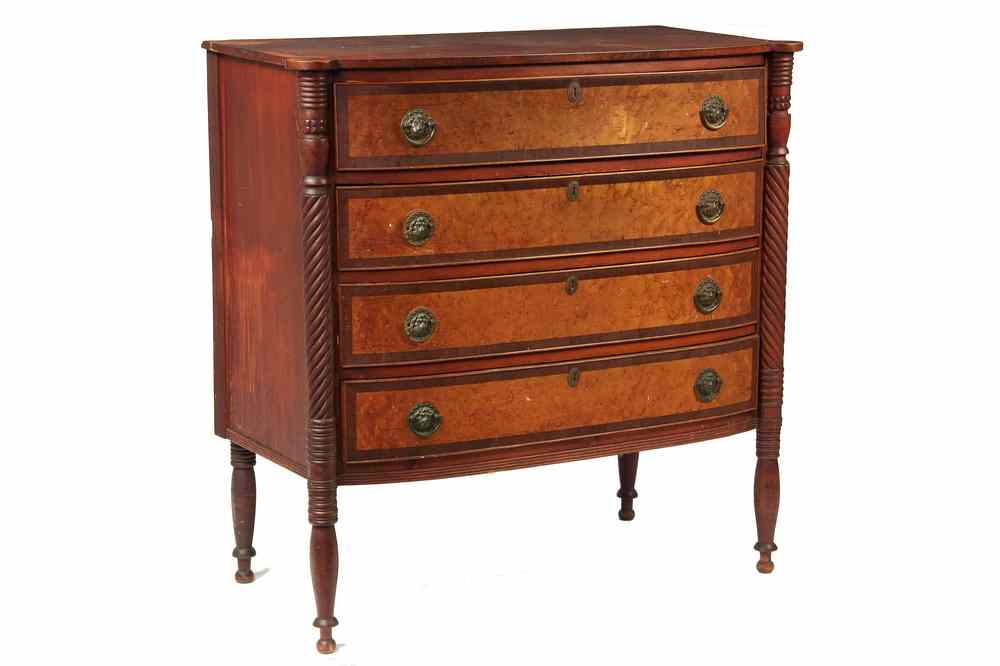 Appraisal: SHERATON BOWFRONT CHEST - Sheraton Bowfront four-drawer red stained maple