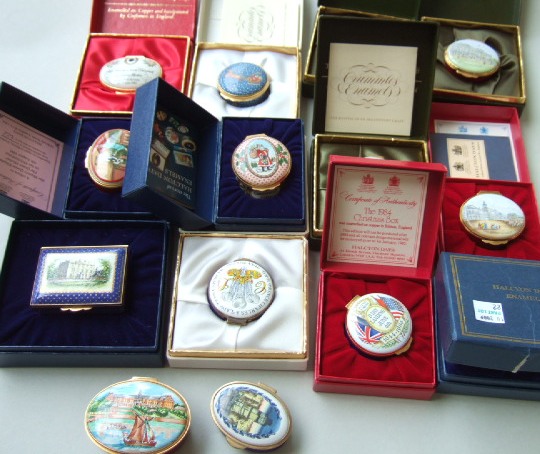 Appraisal: A collection of enamel boxes by Halcyon Days and Crumbles