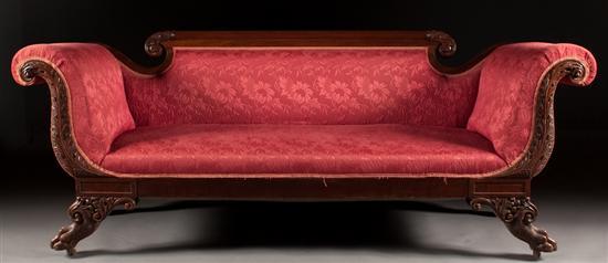 Appraisal: American Classical style carved mahogany upholstered sofa in the Philadelphia