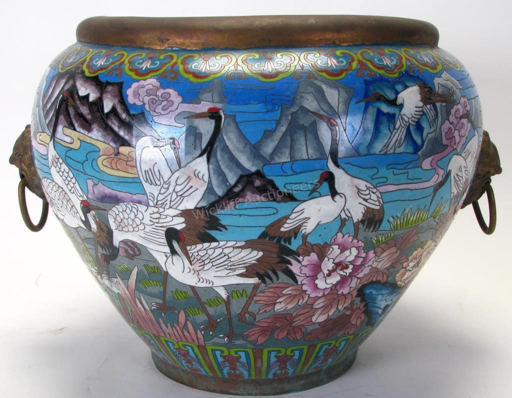 Appraisal: Oriental Cloisonne on Copper Pot beautiful Cloisonne with crane and