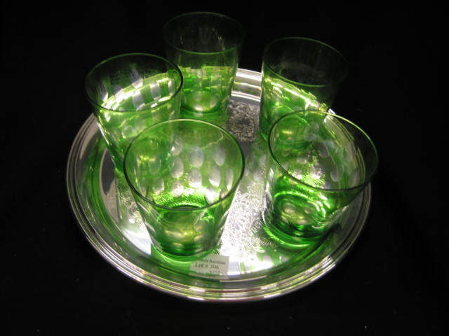 Appraisal: Emerald Cut-to-Clear Glasses with silverplate round tray