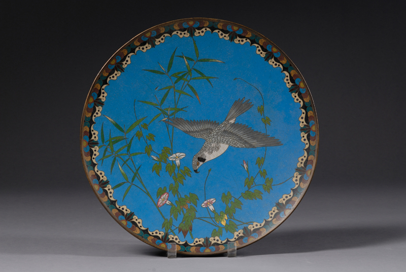 Appraisal: Cloisonne Charger design of a hawk and morning glory plants