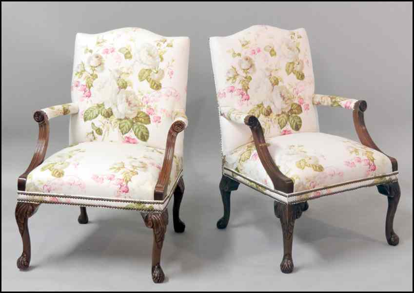 Appraisal: PAIR OF CARVED MAHOGANY UPHOLSTERED ARMCHAIRS Back Height '' Condition