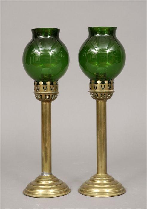 Appraisal: Pair of Gothic Revival Brass Candlesticks with Green Glass Shades