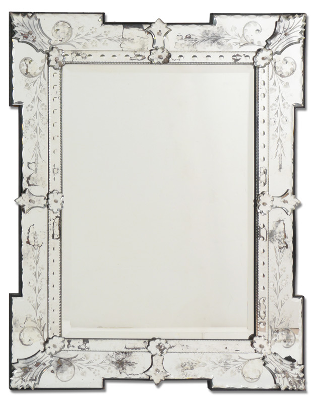 Appraisal: VENETIAN GLASS WALL MIRROR Etched floral motif frame with applied