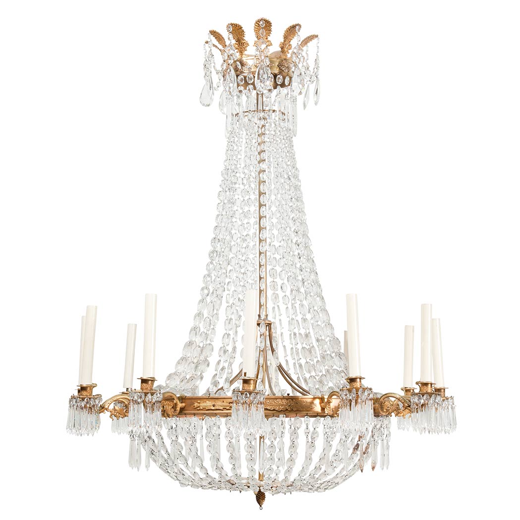 Appraisal: Empire Style Gilt-Bronze and Cut Glass Twelve-Light Chandelier The palmette