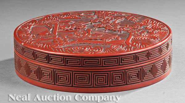 Appraisal: A Chinese Cinnabar Lacquer Circular Box the cover deeply carved