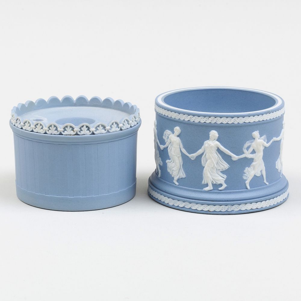 Appraisal: Wedgwood Blue And White Jasperware Salt Cellar and an Inkwell