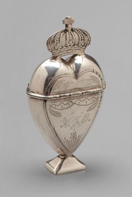 Appraisal: Continental silver hovedvandsaeg heart-shaped box hinged lid with crown finial