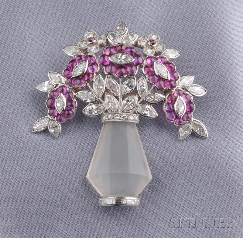 Appraisal: Art Deco Platinum Rock Crystal Ruby and Diamond Brooch designed