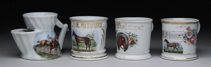 Appraisal: FOUR HORSE DECORATED SHAVING MUGS All handled white mugs decorated