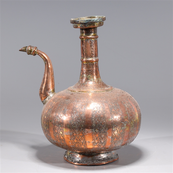 Appraisal: Antique Indian copper ewer with allover incised floral patterns th