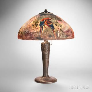 Appraisal: Handel Scarlet Macaw Table Lamp Reverse-painted glass patinated metal Painted