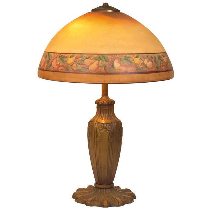 Appraisal: Jefferson lamp obverse-painted fruit design to shade on a gold